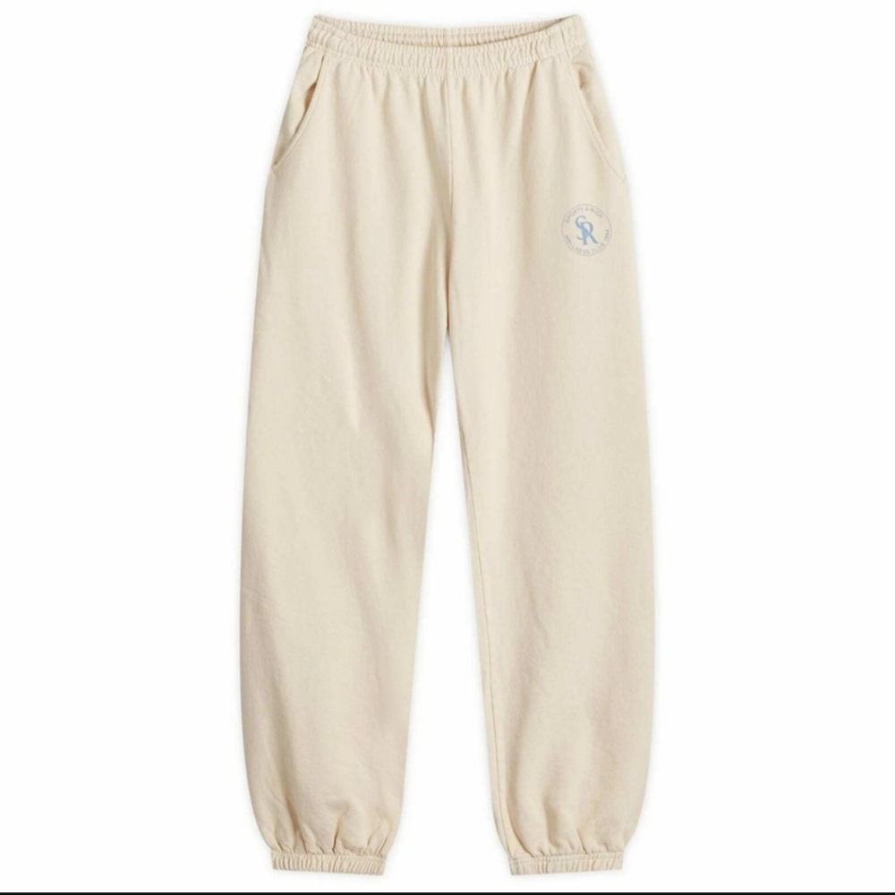 Sporty & Rich Sweat Pants Cream with Sky Blue Logo 100% Cotton Joggers Made USA